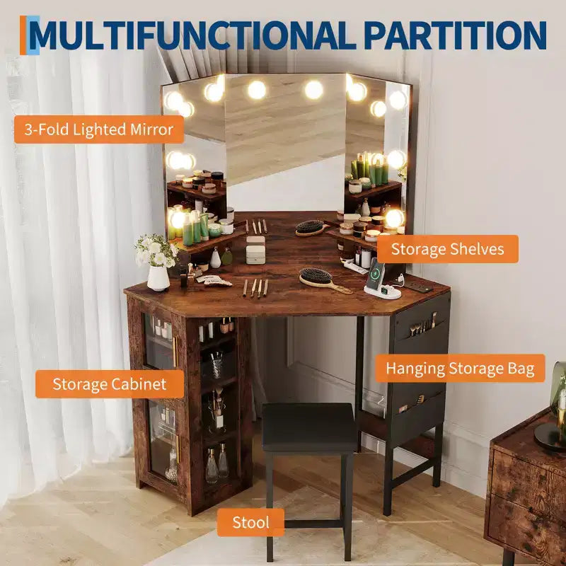 Coiffeuse d'angle moderne avec miroir lumineux et tabouret, table de maquillage peu encombrante avec station de charge et armoire de rangement pour chambre.