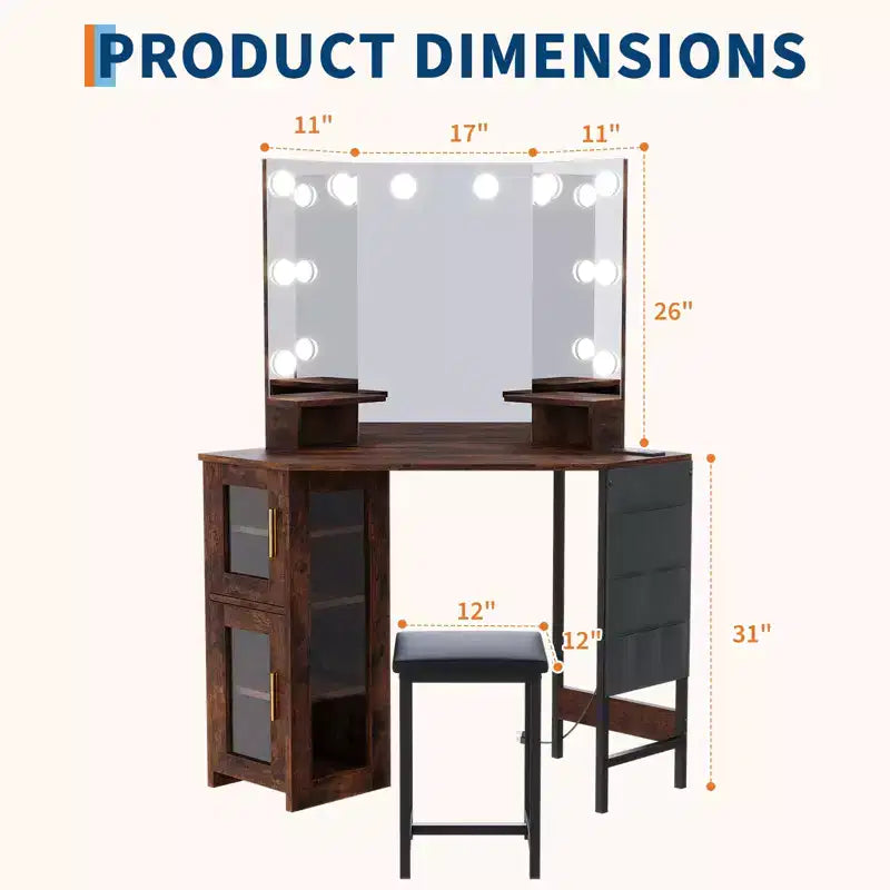 Coiffeuse d'angle moderne avec miroir lumineux et tabouret, table de maquillage peu encombrante avec station de charge et armoire de rangement pour chambre.