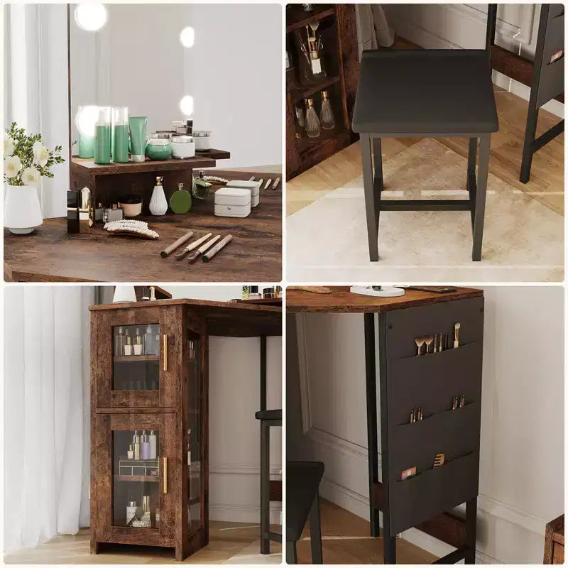 Coiffeuse d'angle moderne avec miroir lumineux et tabouret, table de maquillage peu encombrante avec station de charge et armoire de rangement pour chambre.