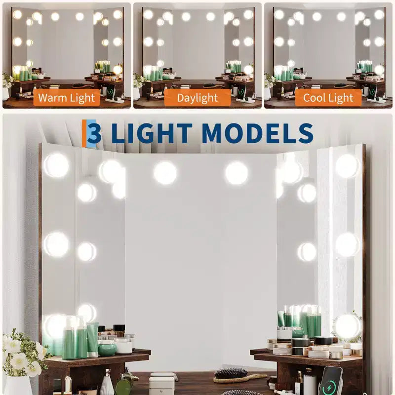 Coiffeuse d'angle moderne avec miroir lumineux et tabouret, table de maquillage peu encombrante avec station de charge et armoire de rangement pour chambre.