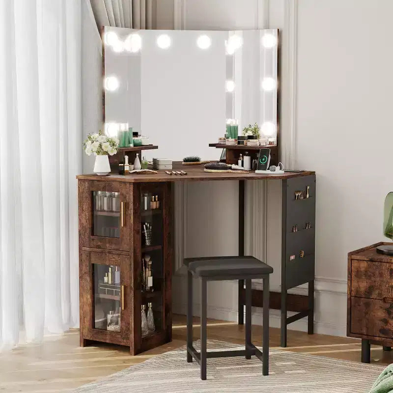 Coiffeuse d'angle moderne avec miroir lumineux et tabouret, table de maquillage peu encombrante avec station de charge et armoire de rangement pour chambre.