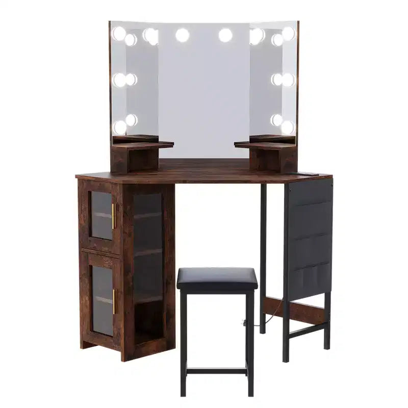 Coiffeuse d'angle moderne avec miroir lumineux et tabouret, table de maquillage peu encombrante avec station de charge et armoire de rangement pour chambre.