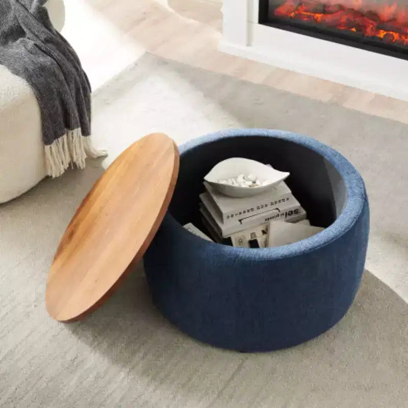 Table de rangement ronde, multifonction 2 en 1 (table d'appoint et pouf), 64,7x64,7x36,8 cm, table d'appoint moderne pour salon, chambre et bureau, bleu marine
