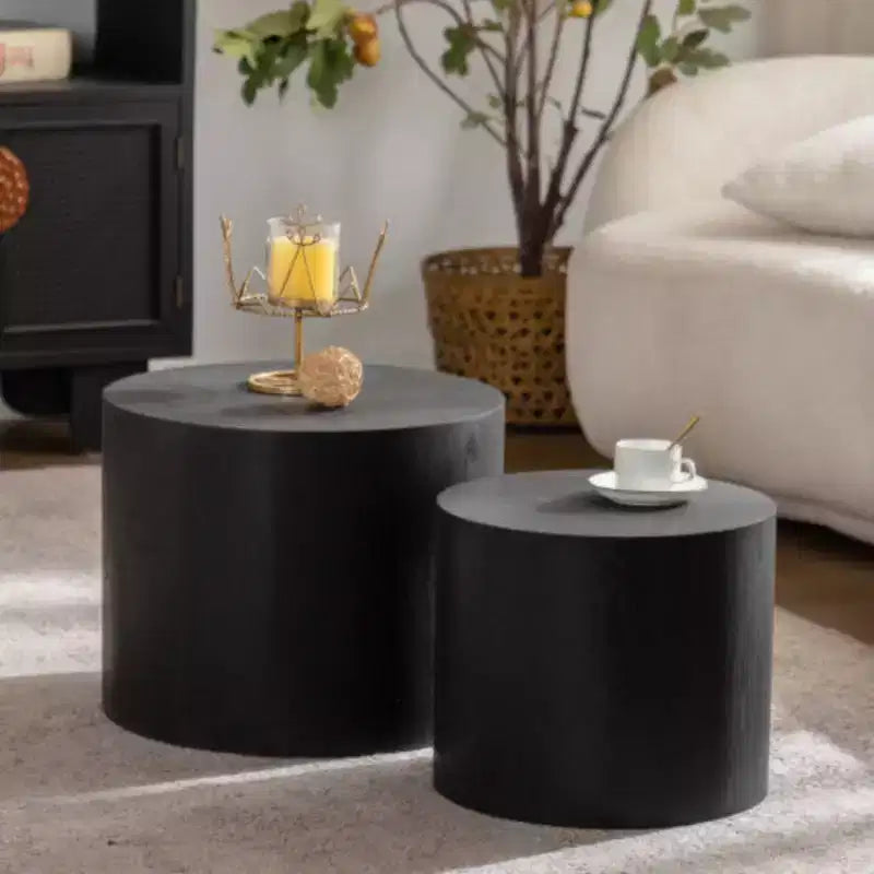 Lot de 2 tables basses gigognes, rondes en bois au design moderne, tables d'appoint peu encombrantes pour petit salon, chambre, bureau - Noir