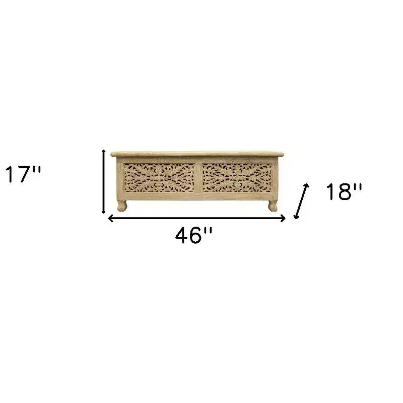 Banc de rangement HomeRoots 46, blanc antique, en bois massif sculpté, avec plateau relevable