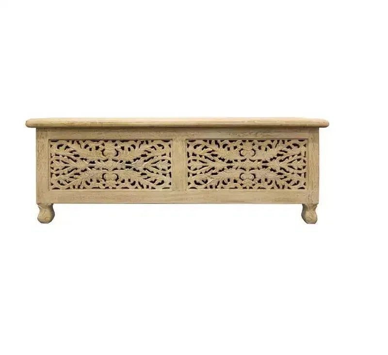 Banc de rangement HomeRoots 46, blanc antique, en bois massif sculpté, avec plateau relevable