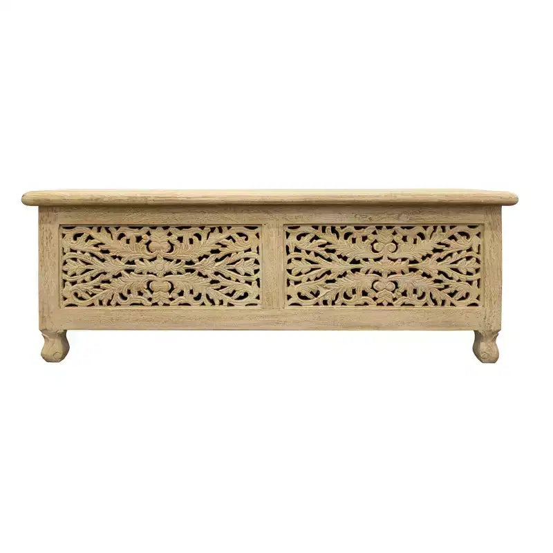 Banc de rangement HomeRoots 46, blanc antique, en bois massif sculpté, avec plateau relevable