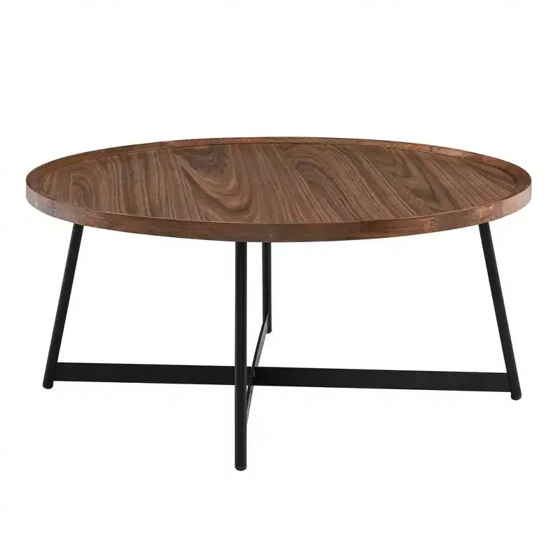 HomeRoots 35 Brown and Black Wood And Metal Round Frame Coffee Table