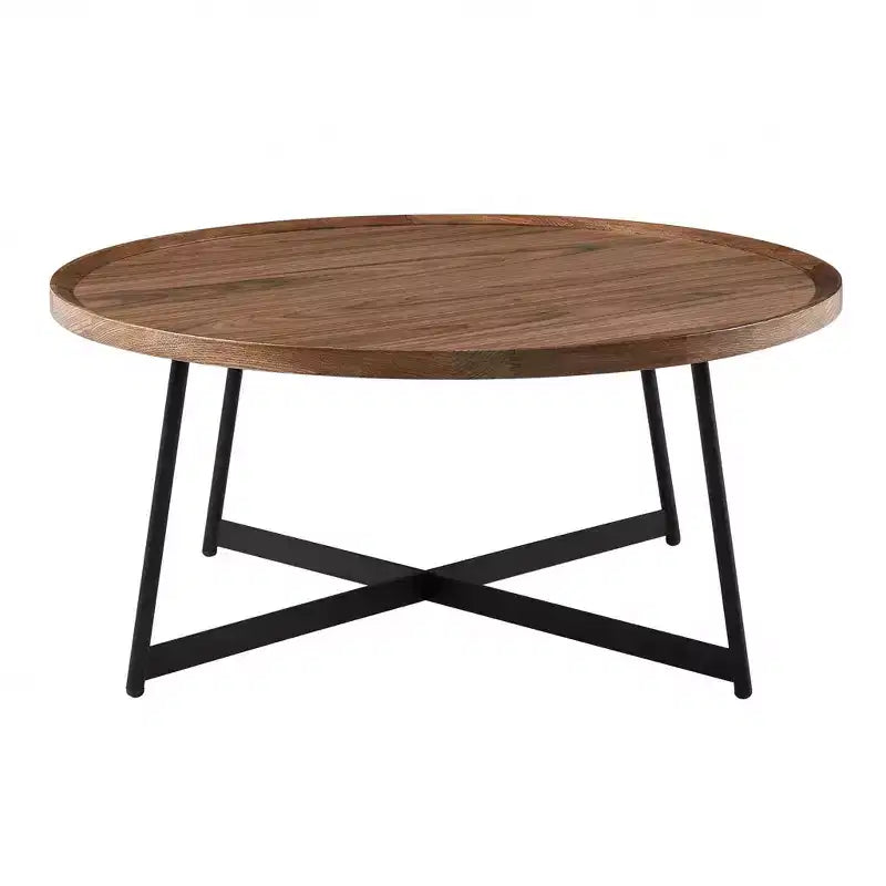 HomeRoots Table basse à cadre rond en bois et métal marron et noir 35
