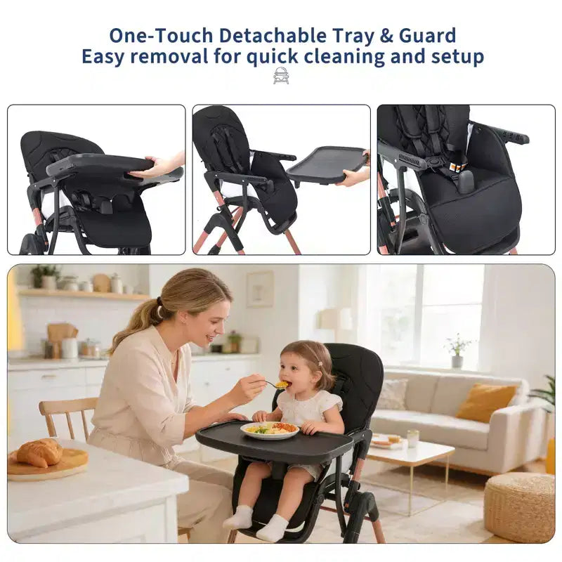 Chaise haute portable et pliable 3-en-1, chaise d'alimentation réglable avec plateaux amovibles, chaise convertible compacte pour bébé de 6 à 36 mois