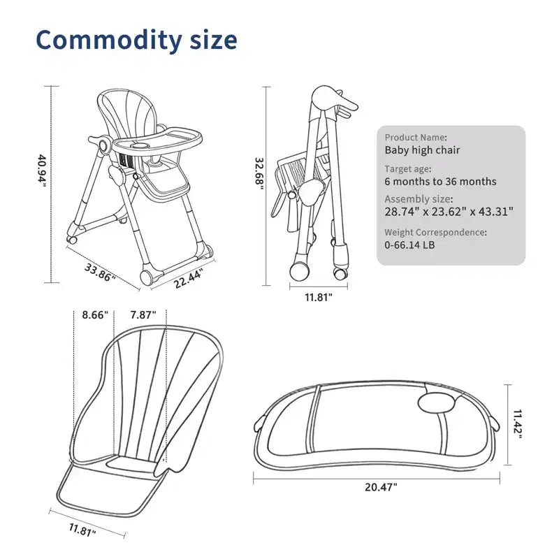 Chaise haute portable et pliable 3-en-1, chaise d'alimentation réglable avec plateaux amovibles, chaise convertible compacte pour bébé de 6 à 36 mois