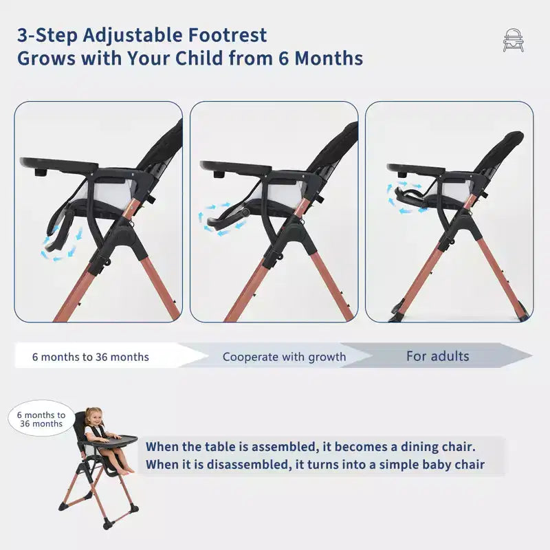 Chaise haute portable et pliable 3-en-1, chaise d'alimentation réglable avec plateaux amovibles, chaise convertible compacte pour bébé de 6 à 36 mois