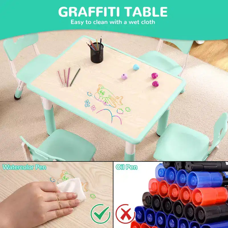 Ensemble table et 4 chaises réglables pour enfants - Antidérapant, résistant aux graffitis, bureau multi-activités pour les 2-10 ans - Maison/Crèche/Salle d'étude, Bleu Lac