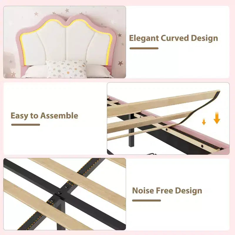 Lit simple avec cadre de rangement et lumières LED, cadre de lit plateforme capitonné en velours avec tête de lit pour enfants filles, support à lattes en bois