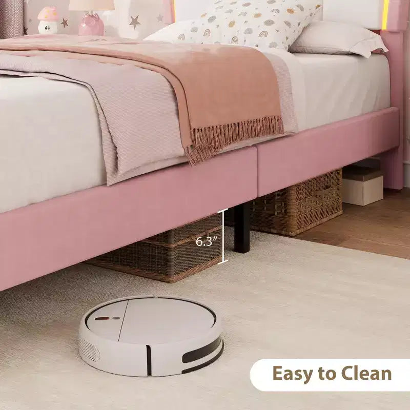 Lit simple avec cadre de rangement et lumières LED, cadre de lit plateforme capitonné en velours avec tête de lit pour enfants filles, support à lattes en bois