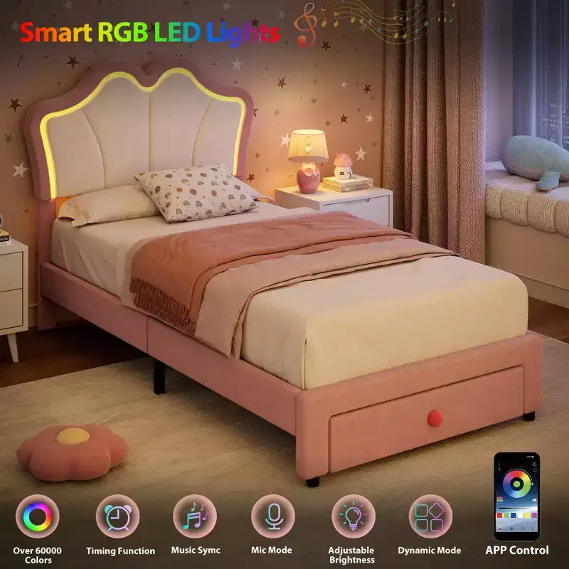 Lit simple avec cadre de rangement et lumières LED, cadre de lit plateforme capitonné en velours avec tête de lit pour enfants filles, support à lattes en bois