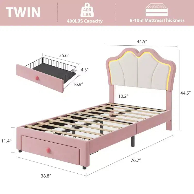 Lit simple avec cadre de rangement et lumières LED, cadre de lit plateforme capitonné en velours avec tête de lit pour enfants filles, support à lattes en bois