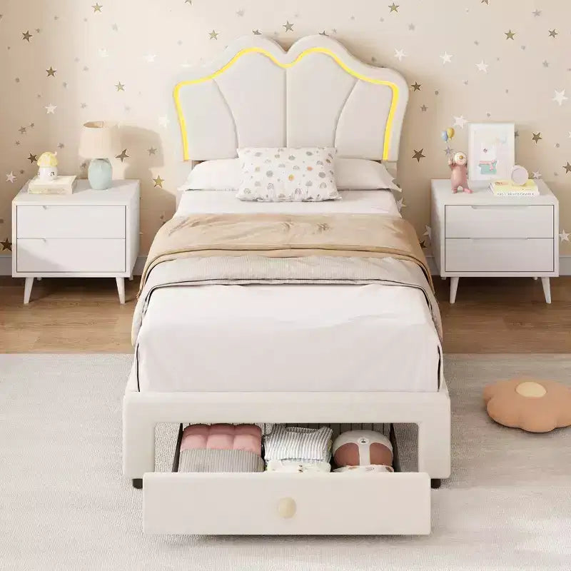 Lit simple avec cadre de rangement et lumières LED, cadre de lit plateforme capitonné en velours avec tête de lit pour enfants filles, support à lattes en bois