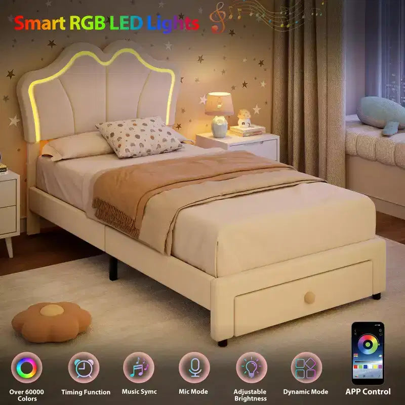 Lit simple avec cadre de rangement et lumières LED, cadre de lit plateforme capitonné en velours avec tête de lit pour enfants filles, support à lattes en bois