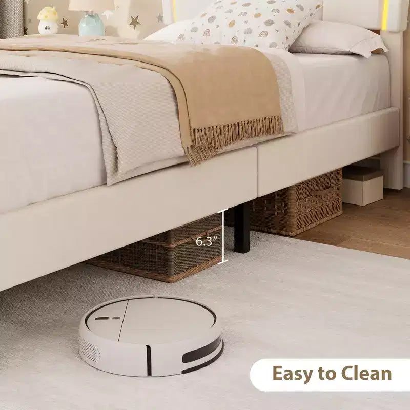 Lit simple avec cadre de rangement et lumières LED, cadre de lit plateforme capitonné en velours avec tête de lit pour enfants filles, support à lattes en bois