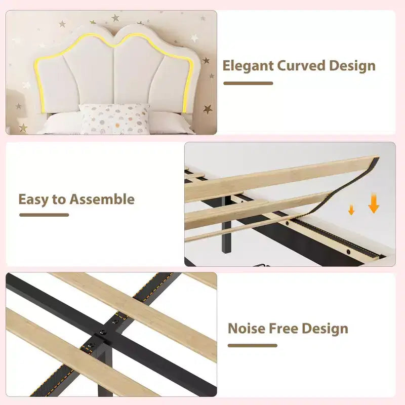 Lit simple avec cadre de rangement et lumières LED, cadre de lit plateforme capitonné en velours avec tête de lit pour enfants filles, support à lattes en bois