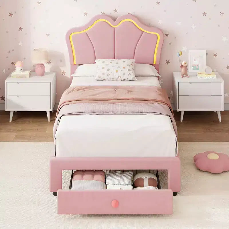 Lit simple avec cadre de rangement et lumières LED, cadre de lit plateforme capitonné en velours avec tête de lit pour enfants filles, support à lattes en bois