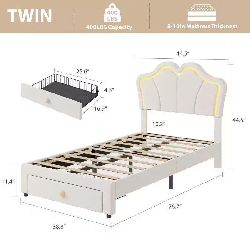 Lit simple avec cadre de rangement et lumières LED, cadre de lit plateforme capitonné en velours avec tête de lit pour enfants filles, support à lattes en bois