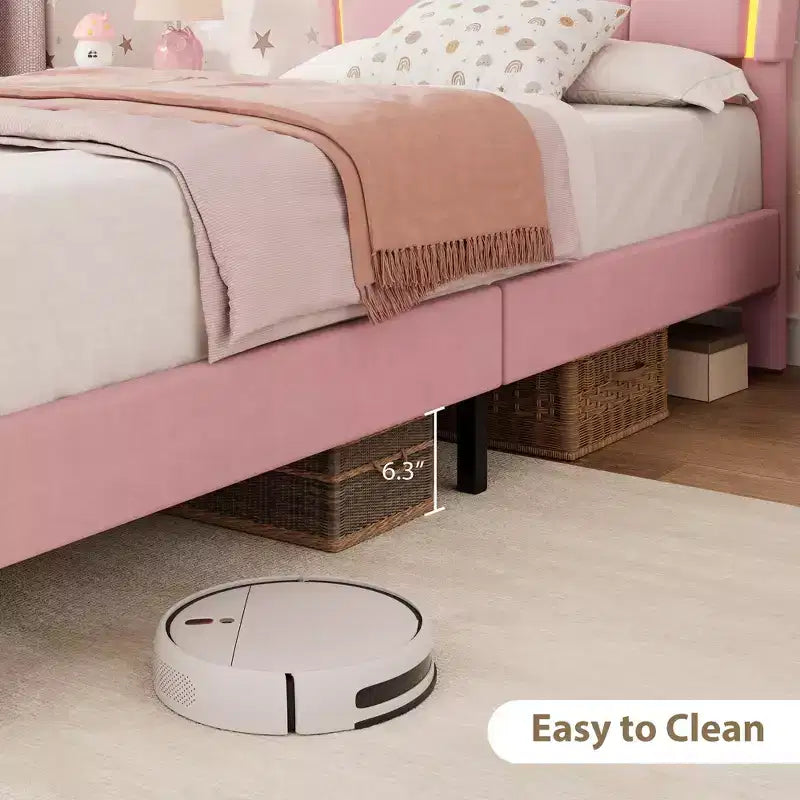 Lit simple avec cadre de rangement et lumières LED, cadre de lit plateforme capitonné en velours avec tête de lit pour enfants filles, support à lattes en bois