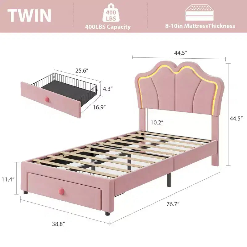 Lit simple avec cadre de rangement et lumières LED, cadre de lit plateforme capitonné en velours avec tête de lit pour enfants filles, support à lattes en bois