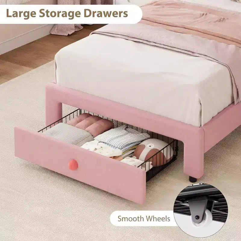 Lit simple avec cadre de rangement et lumières LED, cadre de lit plateforme capitonné en velours avec tête de lit pour enfants filles, support à lattes en bois