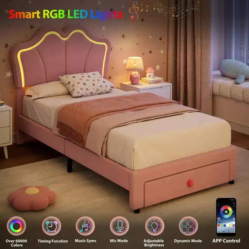 Lit simple avec cadre de rangement et lumières LED, cadre de lit plateforme capitonné en velours avec tête de lit pour enfants filles, support à lattes en bois