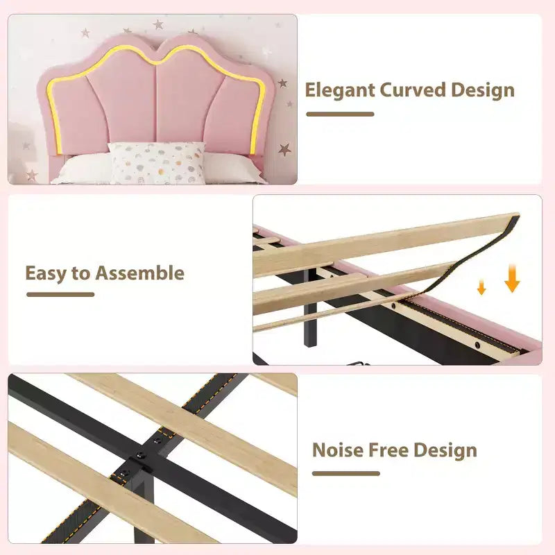 Lit simple avec cadre de rangement et lumières LED, cadre de lit plateforme capitonné en velours avec tête de lit pour enfants filles, support à lattes en bois