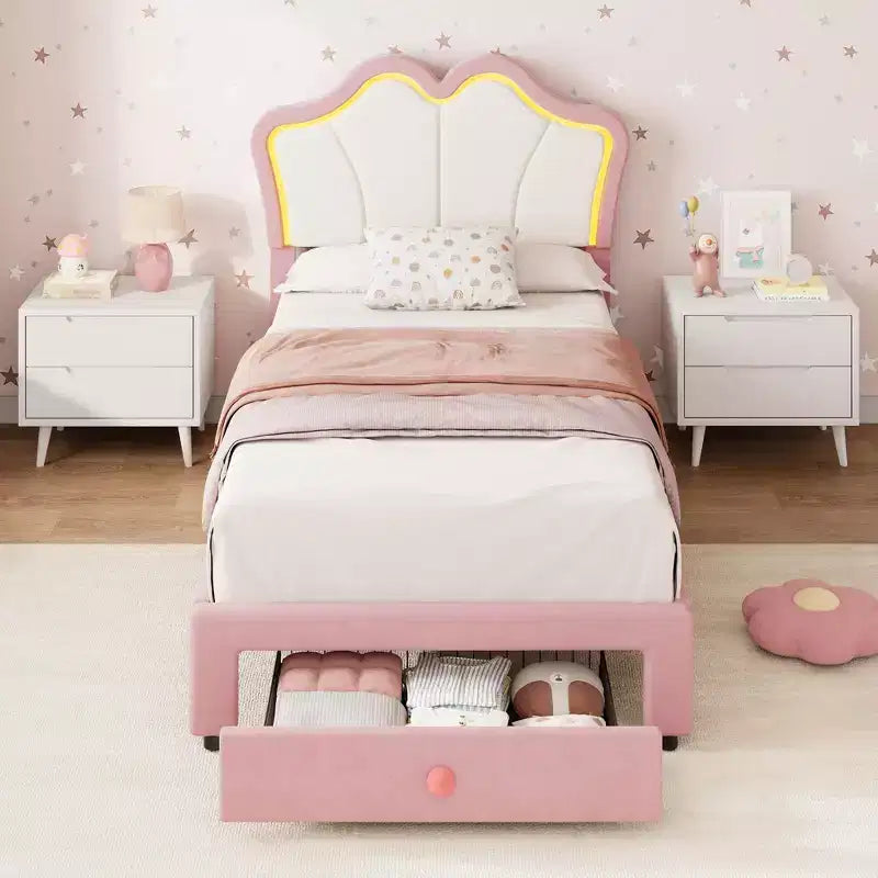 Lit simple avec cadre de rangement et lumières LED, cadre de lit plateforme capitonné en velours avec tête de lit pour enfants filles, support à lattes en bois