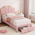 Twin Size Bed Frame with Storage Drawer & LED Lights, Velvet Upholstered Platform Bed Frame with Headboard for Kids Girls, Wooden Slats Support