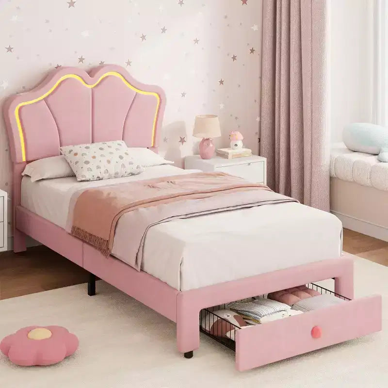 Twin Size Bed Frame with Storage Drawer & LED Lights, Velvet Upholstered Platform Bed Frame with Headboard for Kids Girls, Wooden Slats Support
