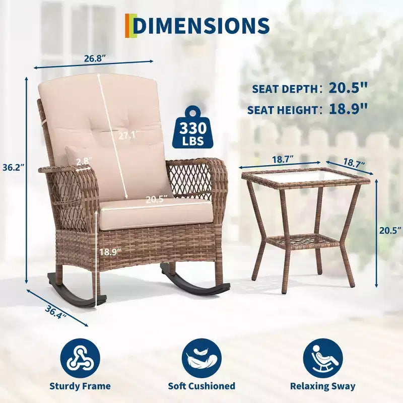 Ensemble de 3 fauteuils à bascule de patio en osier à dossier haut avec table d'appoint, chaises d'extérieur en rotin toutes saisons avec coussins lavables, capacité de 150 kg