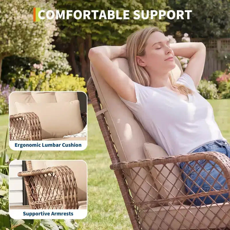 Ensemble de 3 fauteuils à bascule de patio en osier à dossier haut avec table d'appoint, chaises d'extérieur en rotin toutes saisons avec coussins lavables, capacité de 150 kg