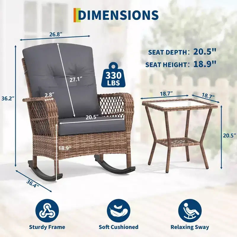 Ensemble de 3 fauteuils à bascule de patio en osier à dossier haut avec table d'appoint, chaises d'extérieur en rotin toutes saisons avec coussins lavables, capacité de 150 kg