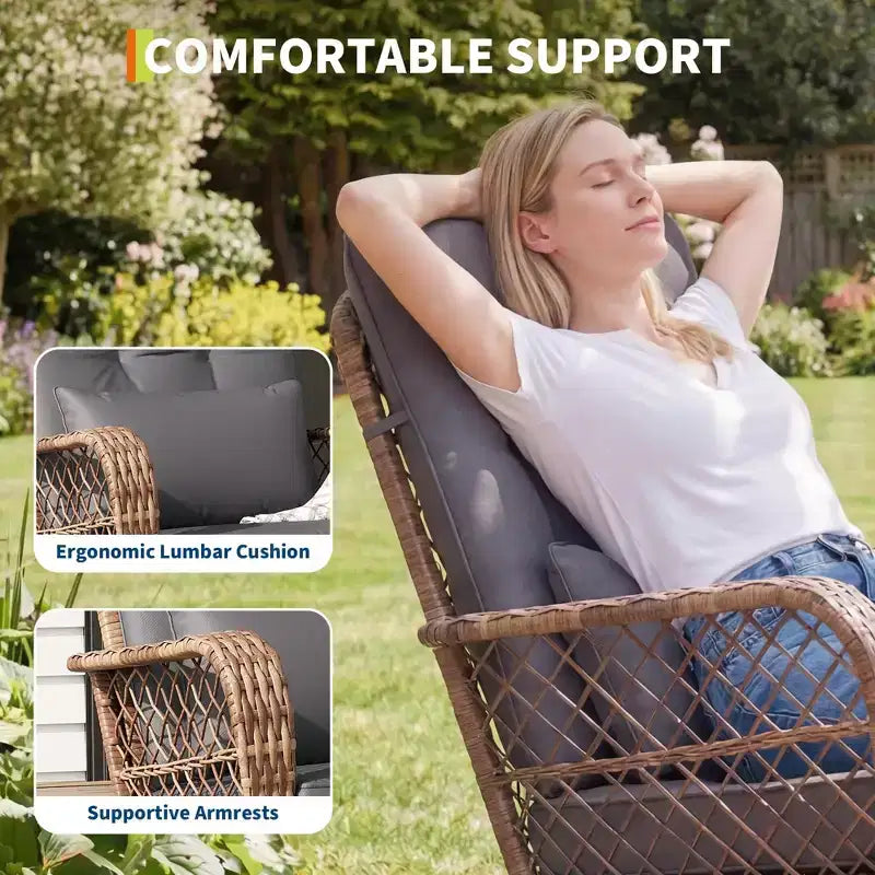 Ensemble de 3 fauteuils à bascule de patio en osier à dossier haut avec table d'appoint, chaises d'extérieur en rotin toutes saisons avec coussins lavables, capacité de 150 kg