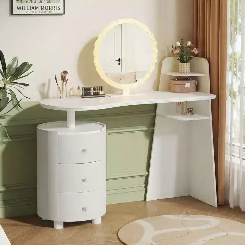 JVNOXK Dressing Table with 3-Color LED Round Mirror & 360 Rotatable 3-Tier Cylinder Cabinet, Light Luxury Vanity for Bedroom, Easy Assembly
