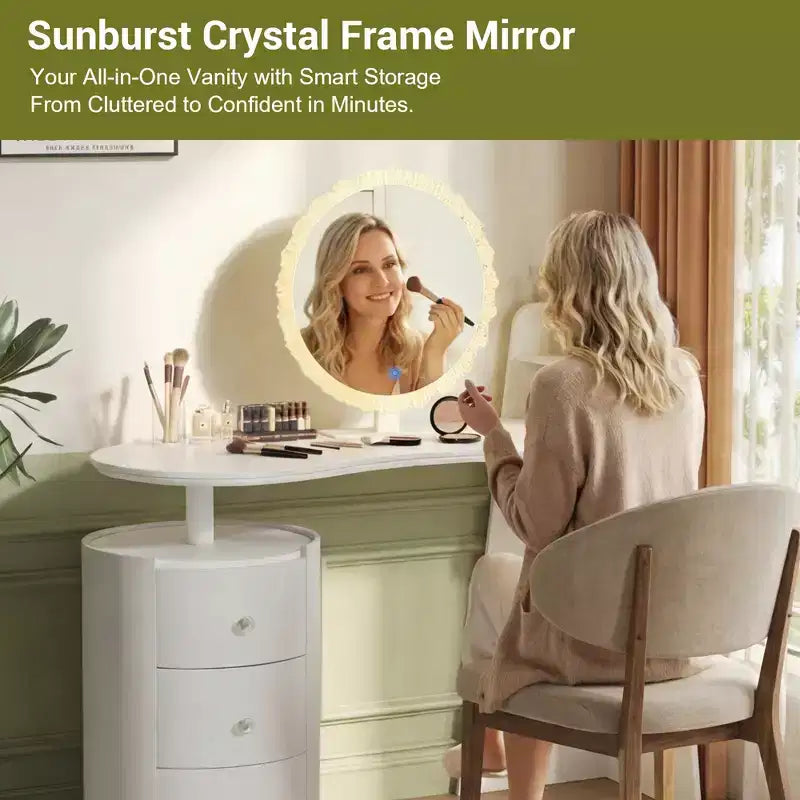 JVNOXK Coiffeuse avec miroir rond LED 3 couleurs et meuble cylindrique 3 niveaux rotatif à 360°, coiffeuse de luxe léger pour chambre à coucher, montage facile