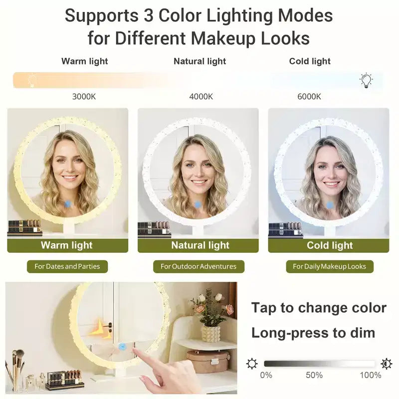 JVNOXK Coiffeuse avec miroir rond LED 3 couleurs et meuble cylindrique 3 niveaux rotatif à 360°, coiffeuse de luxe léger pour chambre à coucher, montage facile