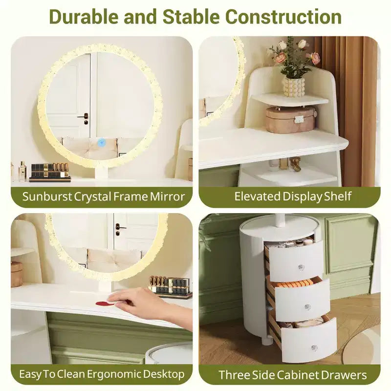 JVNOXK Coiffeuse avec miroir rond LED 3 couleurs et meuble cylindrique 3 niveaux rotatif à 360°, coiffeuse de luxe léger pour chambre à coucher, montage facile