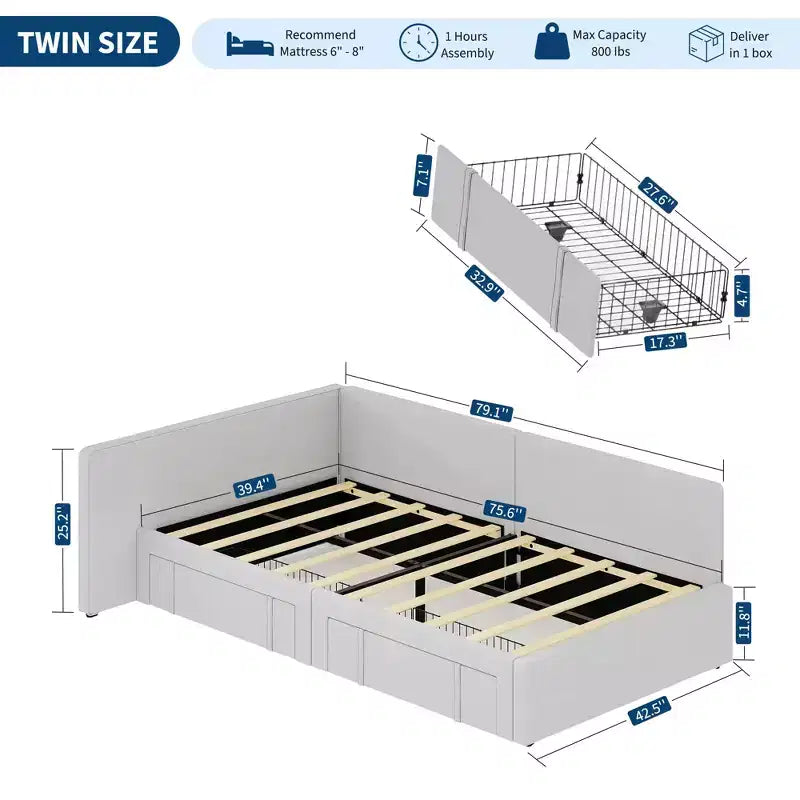 Lit de repos double avec 2 tiroirs de rangement, cadre de lit d'angle avec tête de lit et barrières de lit étendues, pour bureau à domicile