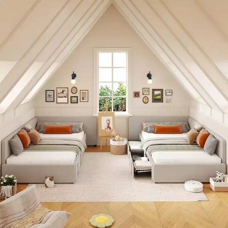 Lit de repos double avec 2 tiroirs de rangement, cadre de lit d'angle avec tête de lit et barrières de lit étendues, pour bureau à domicile