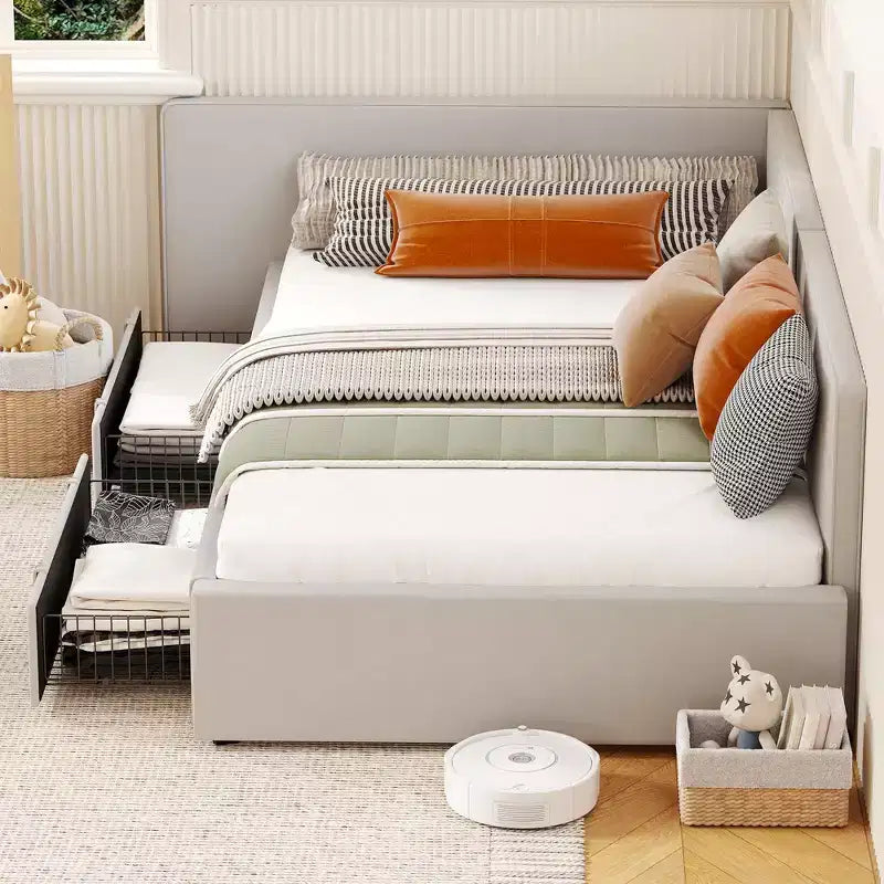 Lit de repos double avec 2 tiroirs de rangement, cadre de lit d'angle avec tête de lit et barrières de lit étendues, pour bureau à domicile