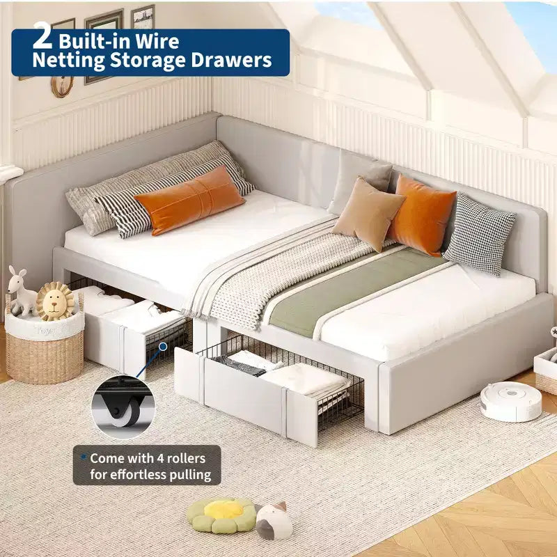 Lit de repos double avec 2 tiroirs de rangement, cadre de lit d'angle avec tête de lit et barrières de lit étendues, pour bureau à domicile