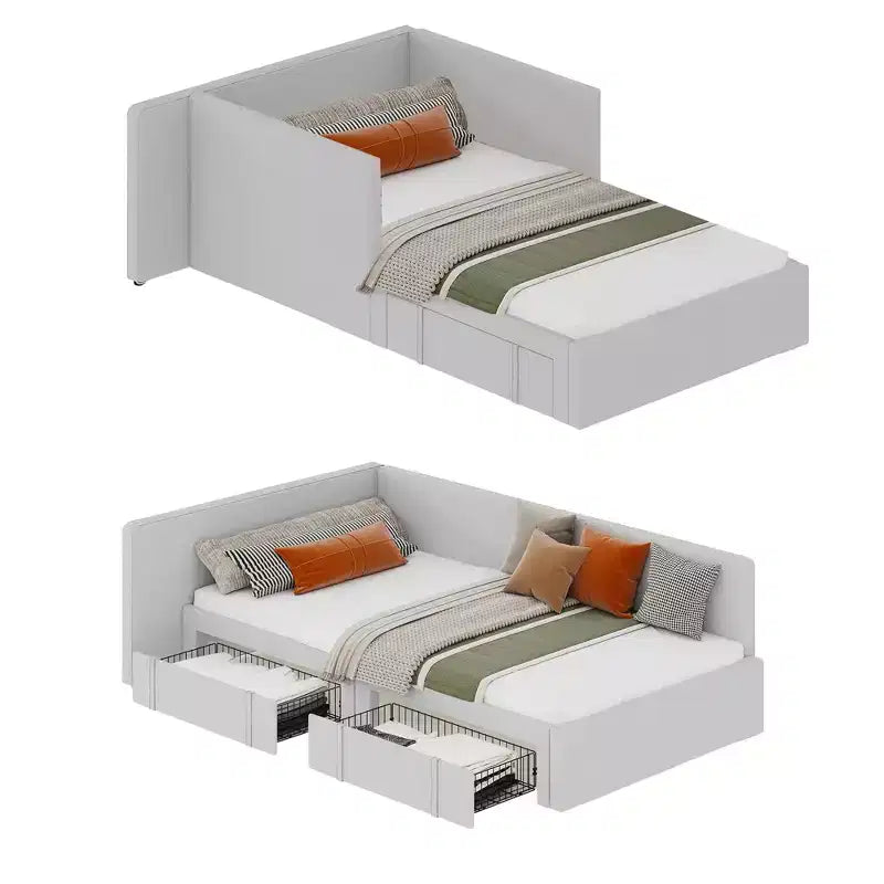 Lit de repos double avec 2 tiroirs de rangement, cadre de lit d'angle avec tête de lit et barrières de lit étendues, pour bureau à domicile