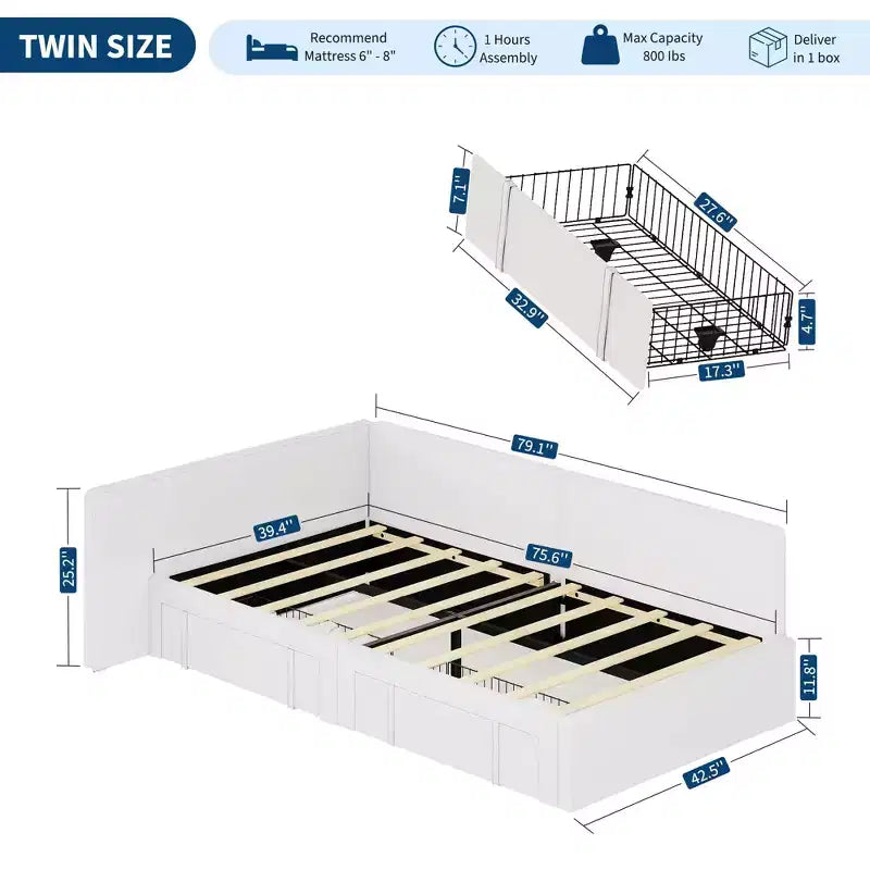 Lit de repos double avec 2 tiroirs de rangement, cadre de lit d'angle avec tête de lit et barrières de lit étendues, pour bureau à domicile