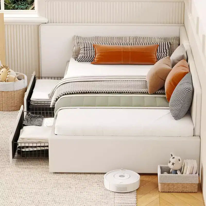 Lit de repos double avec 2 tiroirs de rangement, cadre de lit d'angle avec tête de lit et barrières de lit étendues, pour bureau à domicile